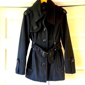 New MISS SIXTY Black Wool Felt Belted Peacoat Patent Leather Trim M MSRP $500